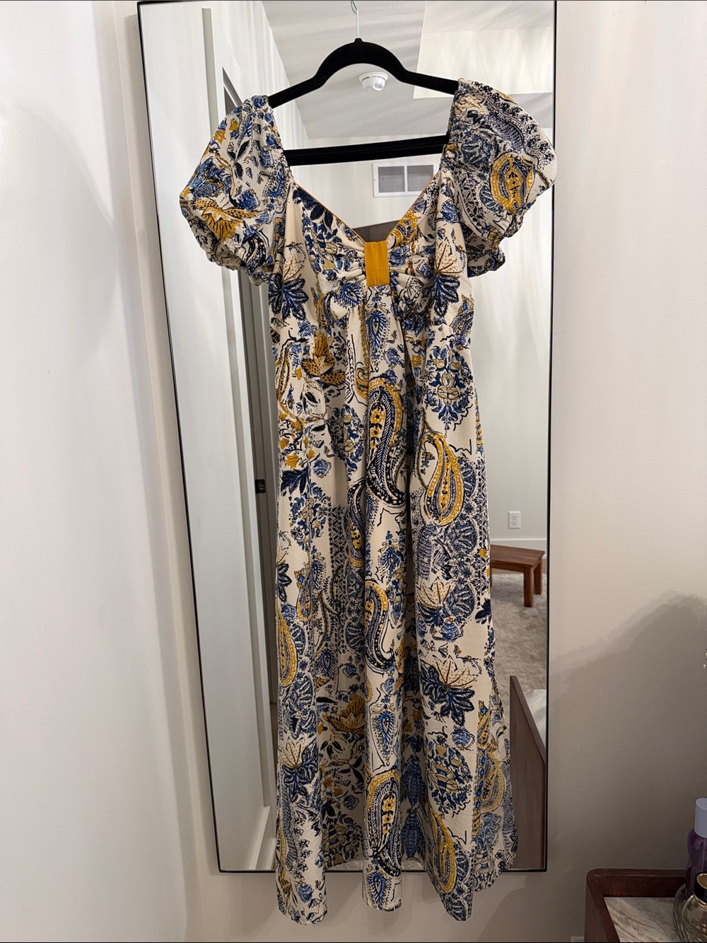 Cream Paisley Maxi Dress with Blue & Mustard Accents — Feminine Square Neck